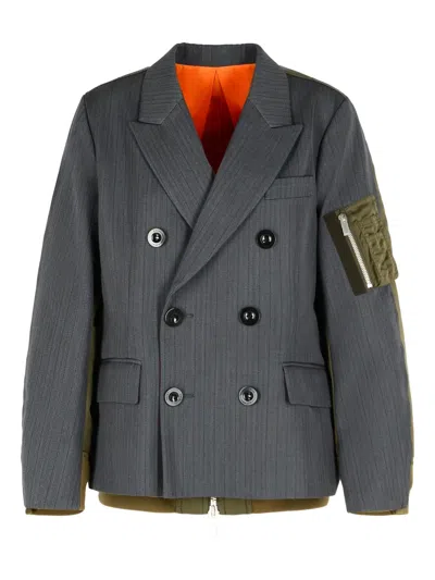 Sacai Wool And Twill Double-breasted Blazer In Black