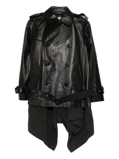 Sacai Double-breasted Leather Jacket In Black
