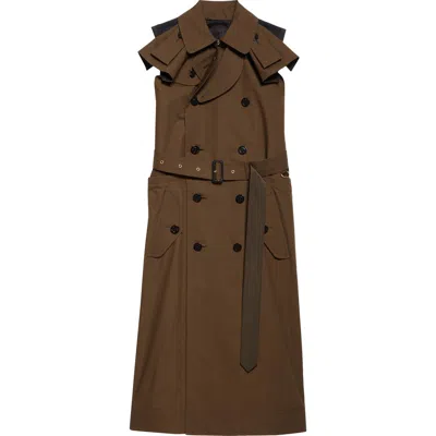 Sacai Double Breasted Midi Trench Dress In Brown/black