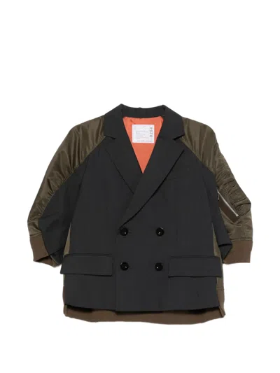 Sacai Double-breasted Panelled Jacket In Green