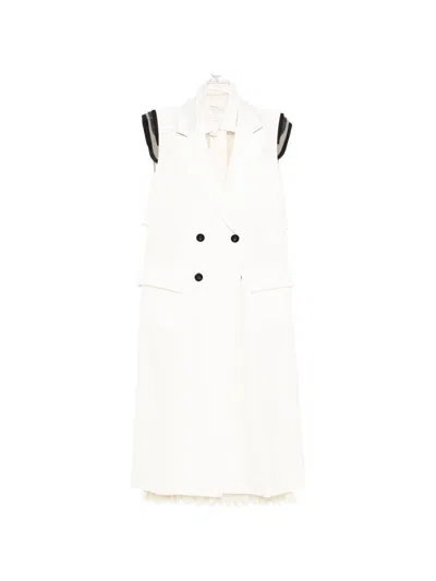 Sacai Double-breasted Pleated Dress In White