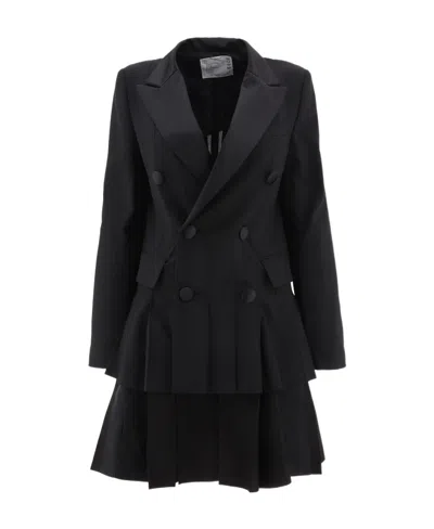 Sacai Double-breasted Pleated Pea Coat In Black
