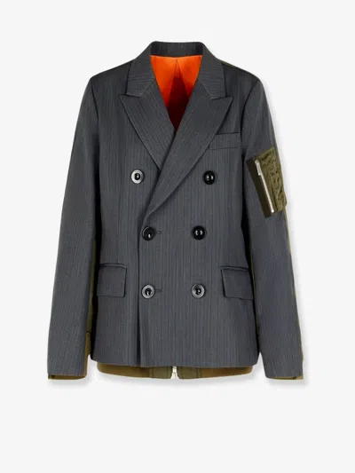 SACAI DOUBLE-BREASTED WOOL AND NYLON BLAZER