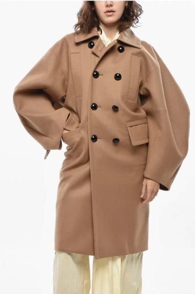Sacai Double-breasted Wool Coat With Maxi Sleeves In Brown