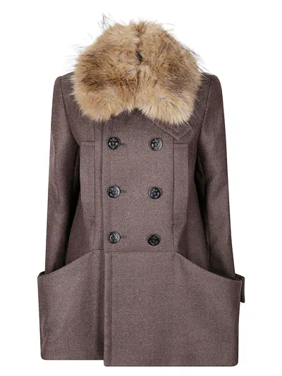 Sacai Fur-collar Double-breasted Wool Coat In Gray