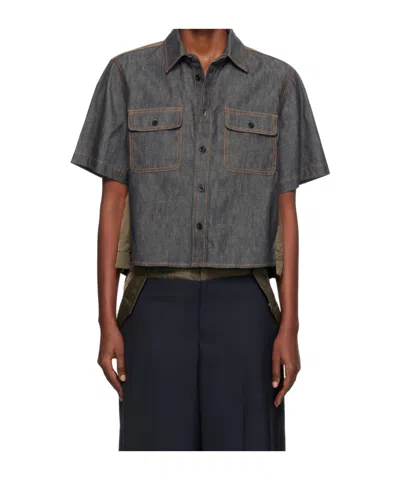 Sacai Double-pocket Denim Shirt In Gray