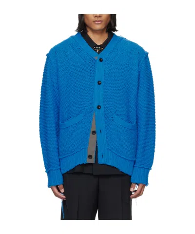 Sacai Double Reverse Knitted Long-sleeved Cardigan In Blue