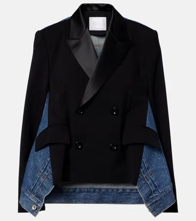 SACAI DOUBLE-BREASTED DENIM AND WOOL JACKET