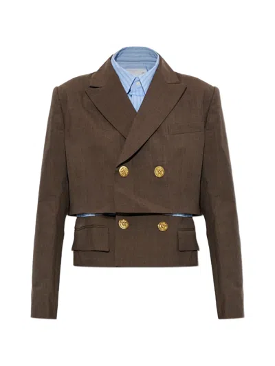 Sacai Double-breasted Layered Blazer In Brown