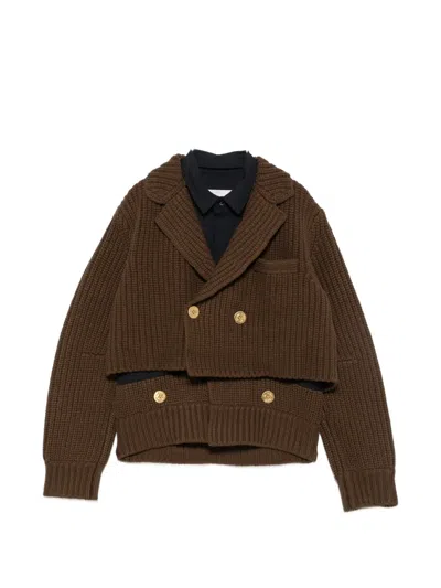 Sacai Double-breasted Layered Coat In Brown