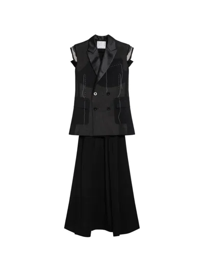 Sacai Double-breasted Layered Waistcoat In Black