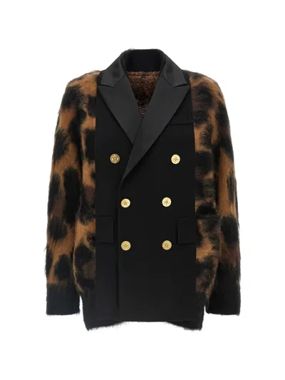 Sacai Double-breasted Leopard-print Cardigan In Black