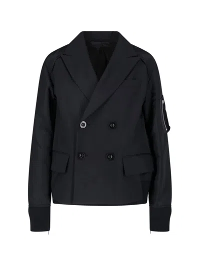 Sacai Double-breasted Nylon Twill Blazer With Zippered Details In Black