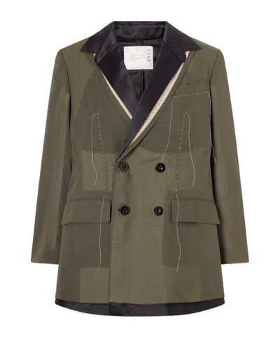 Sacai Double-breasted Pleated Embroidered Satin-trimmed Organza Blazer In Green