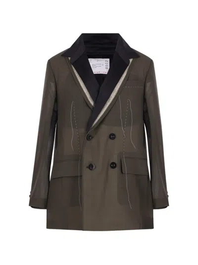 Sacai Double-breasted Pleated Jacket In Gray