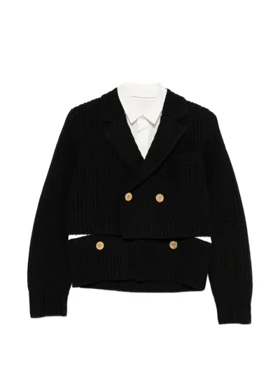 Sacai Double-breasted Ribbed Cardigan In Black