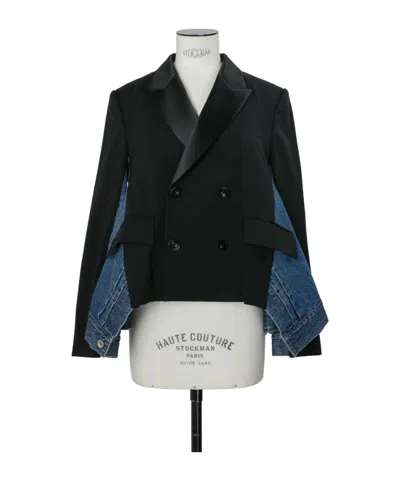 Sacai Tailored Jacket Contrast Fabric Notched Lapels In Black
