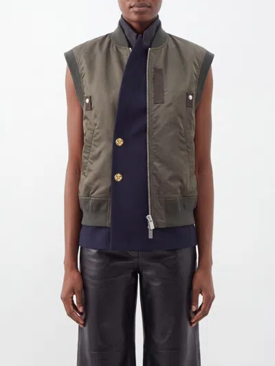 Sacai Double-breasted Technical Nylon Waistcoat With Bomber Collar In Green
