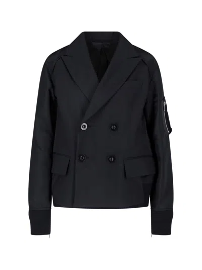 Sacai Double-breasted Twill Blazer In Black
