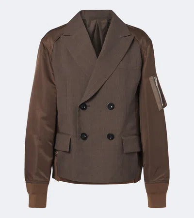 Sacai Double-breasted Wool And Technical Jacket In Brown