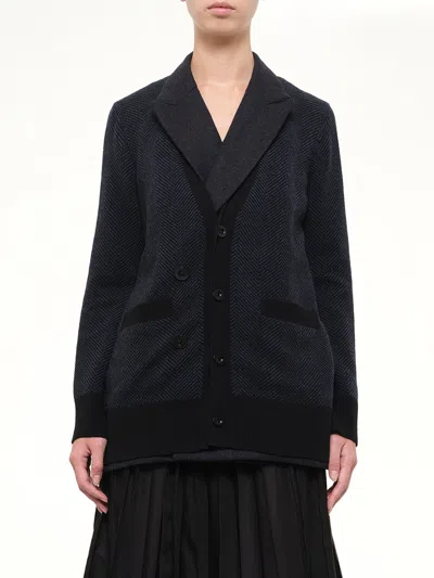 Sacai Double-faced Herringbone X Wool Knit Cardigan In Blue