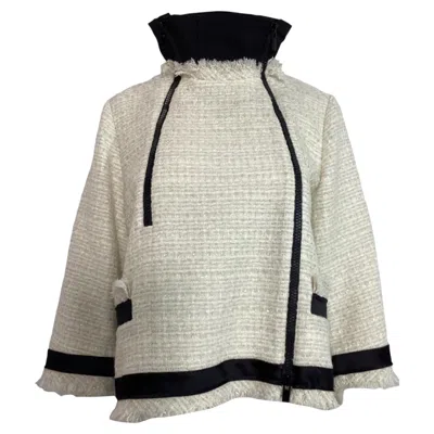 Pre-owned Sacai Double-zipped Tweed Jacket In White Wool