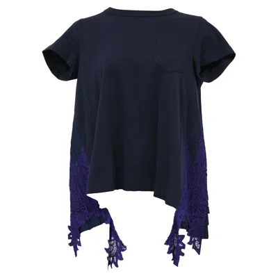 Sacai Draped Lace Inserts T-shirt In Navy Cotton In Blue