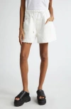 Sacai Drawstring Frayed Hem Denim Shorts In Off White