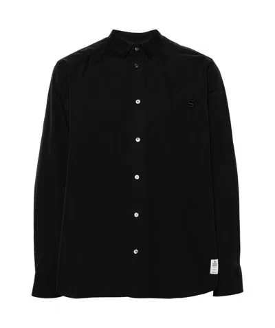 Sacai Embroidered-logo Poplin Shirt In Black