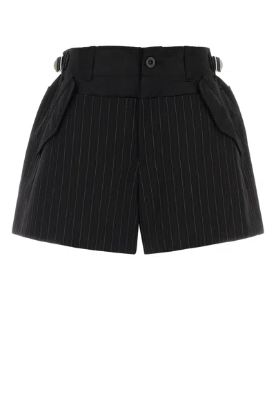Sacai Pinstripe Polyester Blend Shorts Button Detail In Black