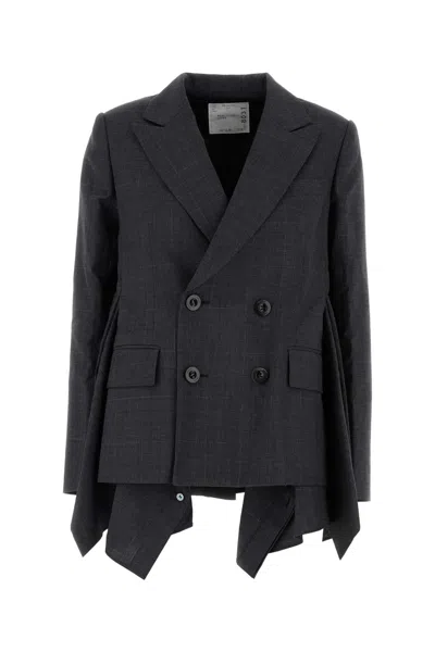Sacai Embroidered Wool Blazer In Gray