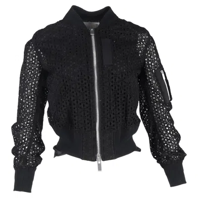 Sacai Eyelet Zipped Bomber Jacket In Black Cotton
