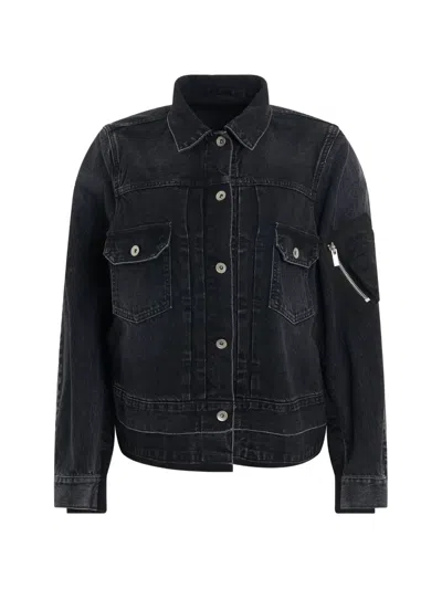 Sacai Faded-effect Panelled Denim Jacket In Black