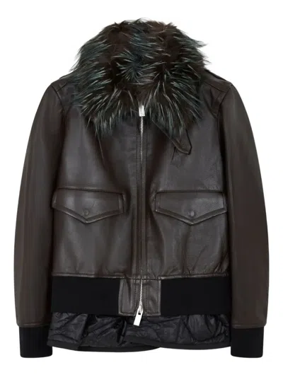 Sacai Faux Fur-collar Leather Jacket In Brown