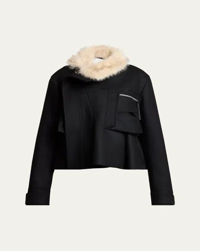 Sacai Faux-fur Collar Wool Utility Jacket In Black
