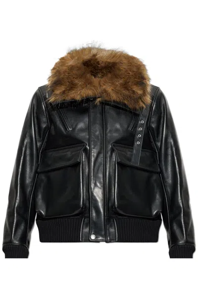 Sacai Plush-trimmed Leather Jacket In Black