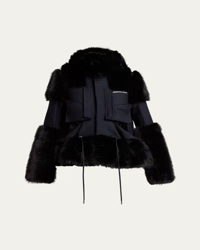 Sacai Faux-fur Trim Wool Utility Jacket In Black