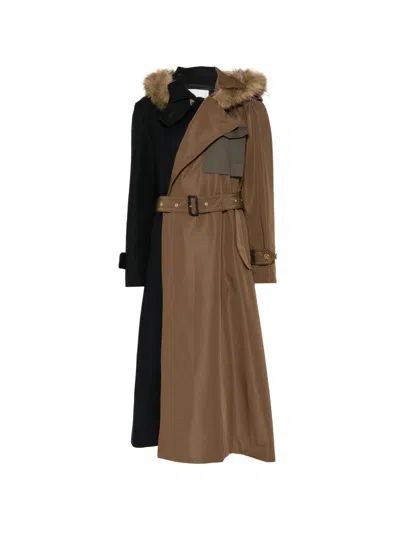 Sacai Faux Fur-trim Belted Coat In Brown