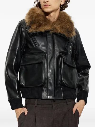 Sacai Faux-fur Collar Leather Jacket In Black