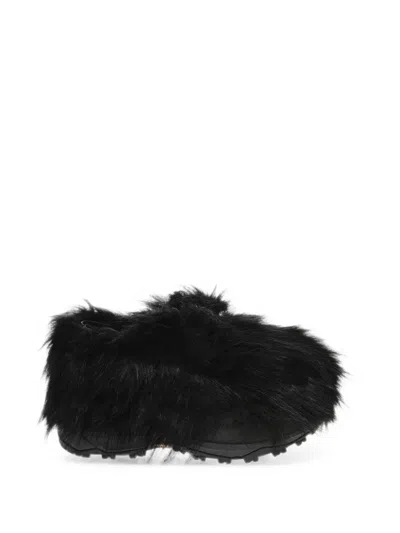 Sacai Faux-fur Lace-up Derby Shoes In Black