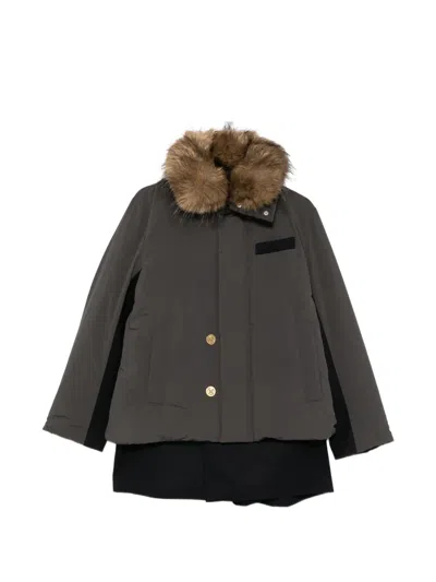 Sacai Faux-fur Trim Layered Jacket In Gray