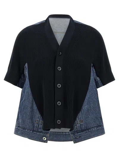Sacai Flared Cotton Denim Cardigan With Knitted Front Insert In Black