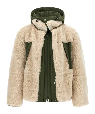 Sacai Shearling And Nylon Hooded Panel Jacket In Multi