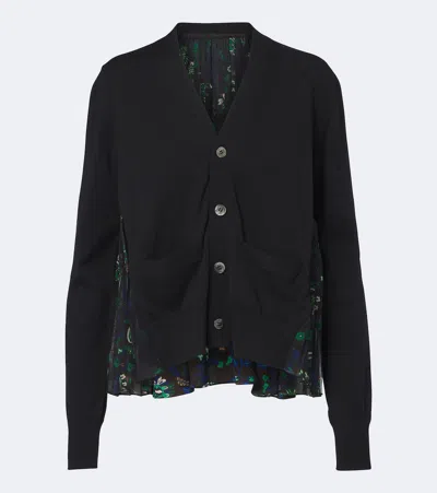 Sacai Floral Cotton Cardigan In Black