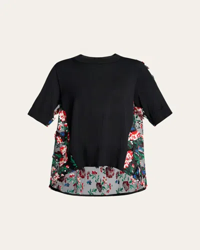 Sacai Floral Embroidered Short-sleeve Sweater In Black