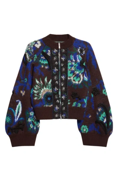 Sacai Floral Jacquard Balloon Sleeve Knit Blouson In Brown