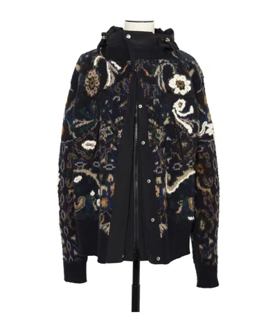 Sacai Floral Jacquard Knit Blouson In Blue