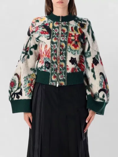Sacai Floral Jacquard Knit Cropped Zip Jacket In Multi