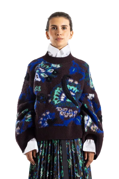 Sacai Floral Jacquard Knit Sweater In Blue