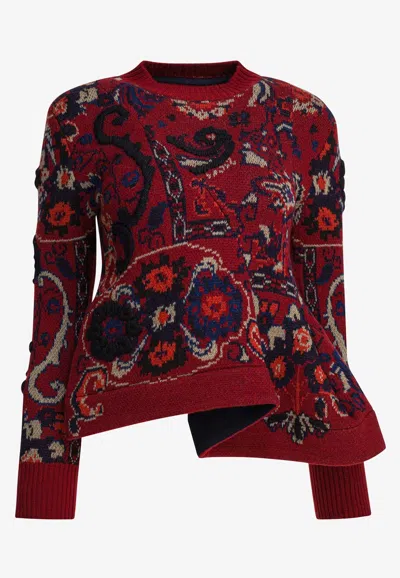 Sacai Womens Bordeaux Floral Wavy-hem Wool Jumper In Red